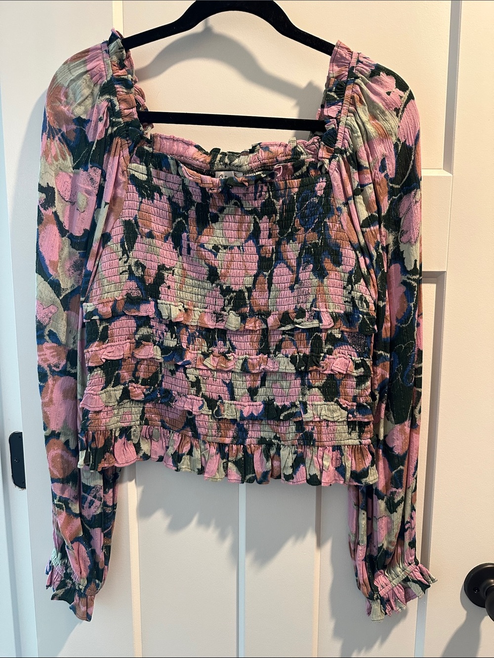 Sam Edelman Smocked Floral Long-Sleeve Crop Top in Pink